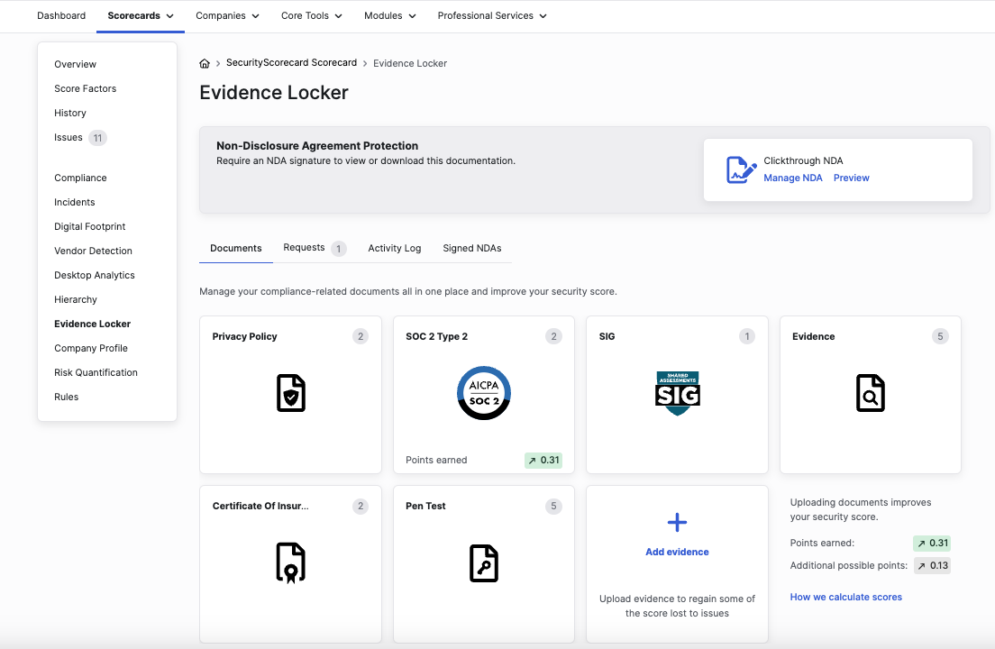 Evidence Locker showing accepted document types and their relative score weights