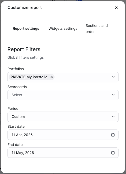 The Customize report panel open to the Report settings tab, showing filter fields for Scorecard to compare, Portfolios, Scorecards, Period, Start date, and End date.