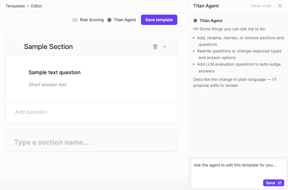 Template editor showing a list of sections down the left side, each one clickable to customize its questions.