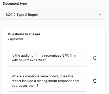 Questions to answer list for the selected document type, with editable questions, delete icons, and the Analyze Document button