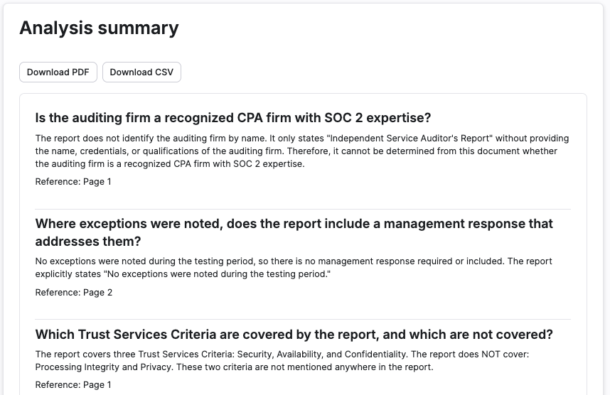 Analysis summary showing an answer with page reference for each question, plus Download PDF and Download CSV buttons