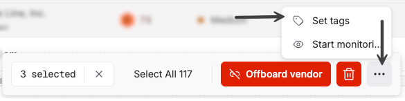 Actions menu open on a filtered vendor list with Set tags highlighted