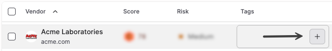 Tags field on a vendor row with the plus icon highlighted