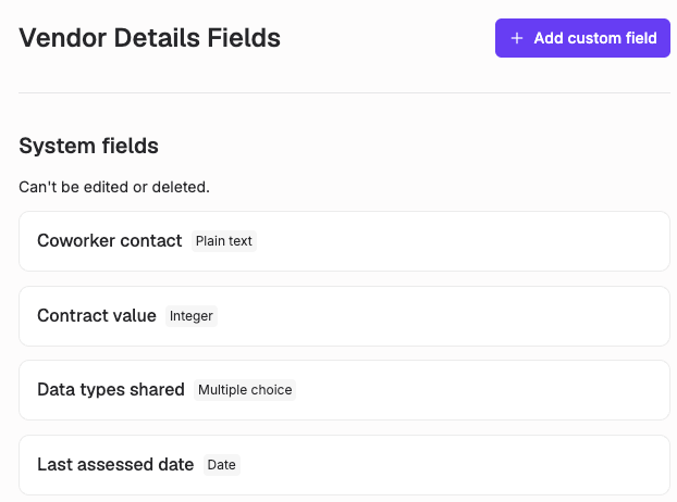 Vendor details fields displayed on a vendor profile in Titan