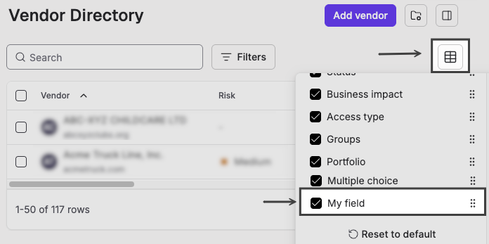 Vendor details fields shown as columns in the Vendor Directory table