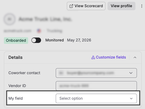 Vendor details fields in the Vendor Details Drawer side panel