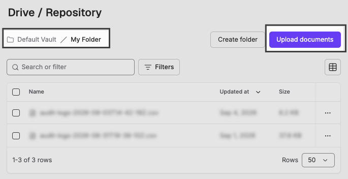 Drive breadcrumb showing Default Vault / My Folder, with Create folder and Upload documents buttons highlighted