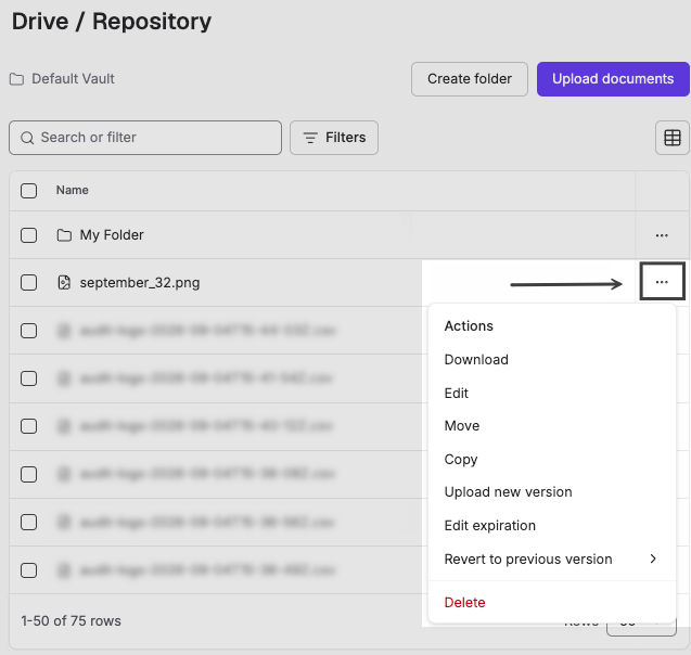 Actions menu for a file, showing download, edit, move, copy, upload new version, edit expiration, revert to previous version, and delete options