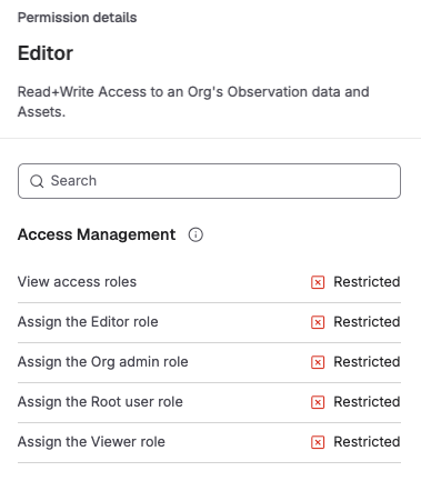 Role details panel showing the list of permissions granted by a selected role