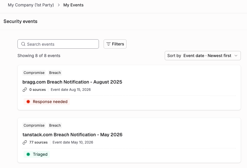 Security events page when in My Company