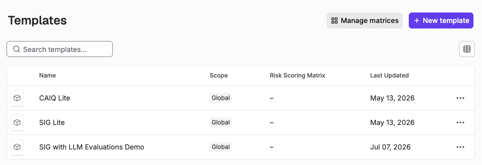 Templates page listing the three default templates, CAIQ Lite, SIG Lite, and SIG with LLM Evaluations Demo, in a table.