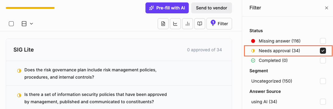 Assessment question list filtered to Needs approval, showing AI-drafted answers awaiting review