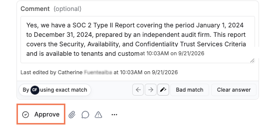 Approve button shown next to a reviewed AI-drafted answer