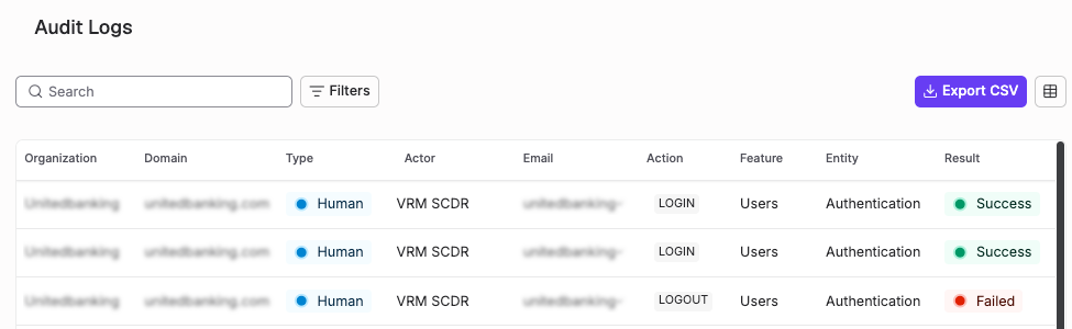 Audit log table with list of activity