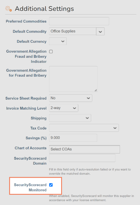 Supplier record with the SecurityScorecard Monitored check box selected