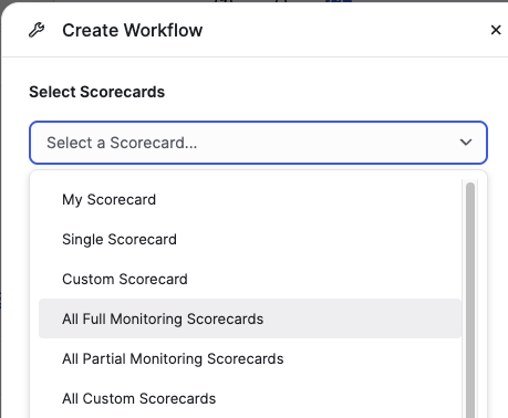 Select Scorecards drop-down menu with a list of options, including All Full Monitoring Scorecards and All Partial Monitoring Scorecards